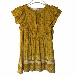 Rose + Olive Yellow Floral Shirt Top Flutter Sleeve Split Neck Empire Waist S